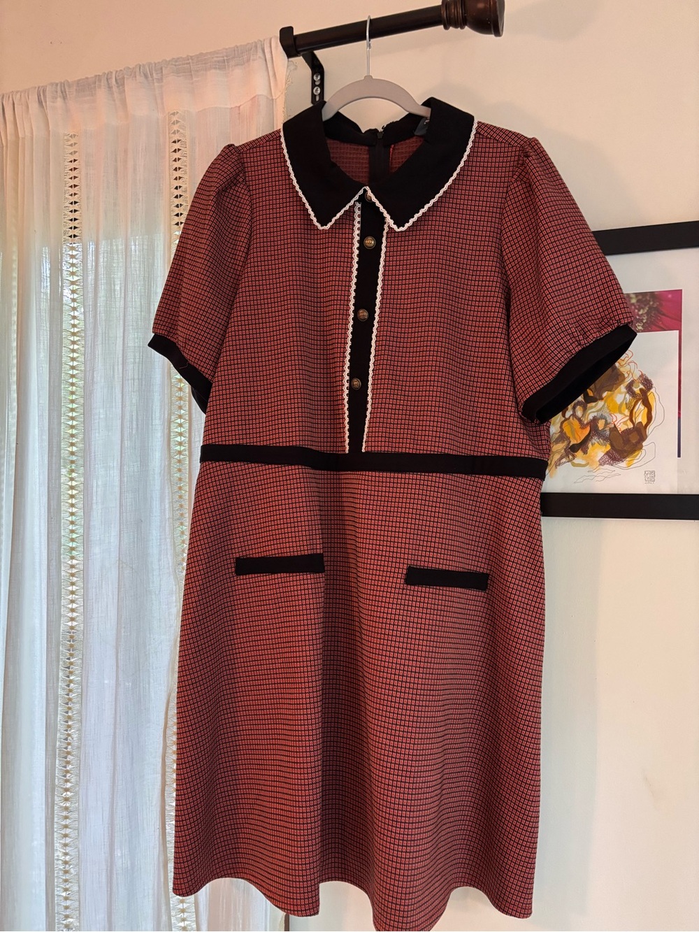 Modcloth Red and Black Houndstooth Short Sleeve Dress with Contrast Collar